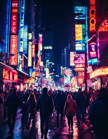 Bustling city street at night illuminated by neon signsの素材