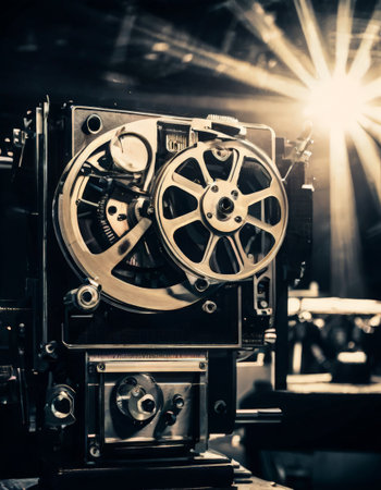 Vintage film projector with a bright light beam in sepia tonesの素材
