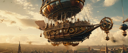 Steampunk airship soaring over a Victorian cityの素材
