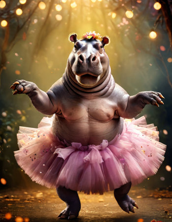 Hippo in a tutu dancing in a magical forestの素材