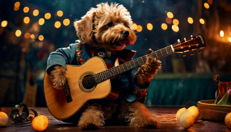 Adorable dog playing guitar at a festive eventの素材