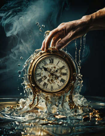 Hand holding vintage clock underwater in dramatic sceneの素材