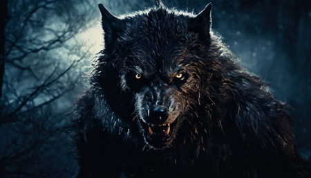 Menacing black wolf in a moonlit forestの素材