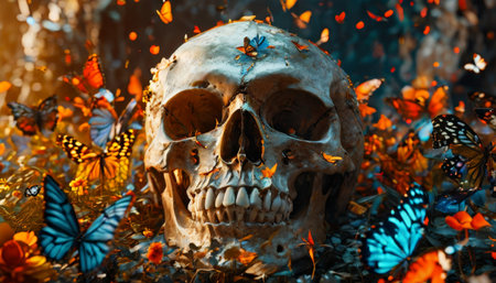 Skull surrounded by vibrant butterflies in a mystical forestの素材