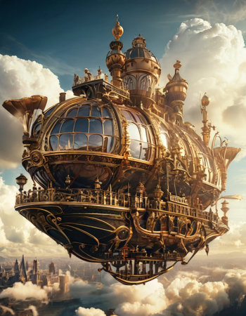 Ornate steampunk airship floating above cityscapeの素材