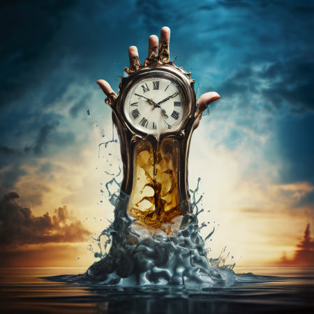 Surreal clock in hand emerging from liquid on blue sky backgroundの素材