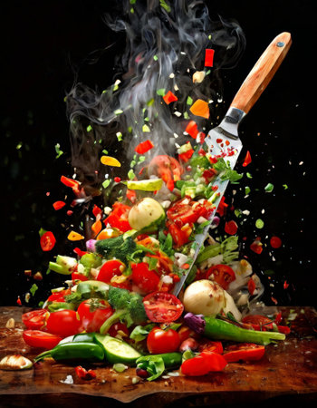 Explosion of colorful vegetables in mid-air against dark backgroundの素材