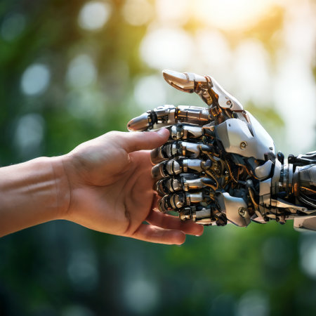 Human hand shaking a robotic hand in a futuristic outdoor settingの素材