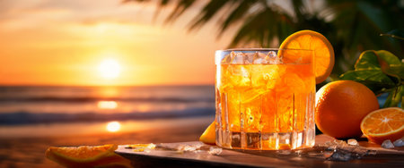 Refreshing orange cocktail with ice cubes on a tropical beach at sunsetの素材