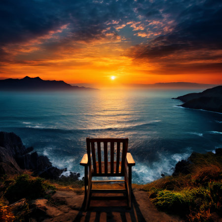Empty chair facing ocean at sunsetの素材