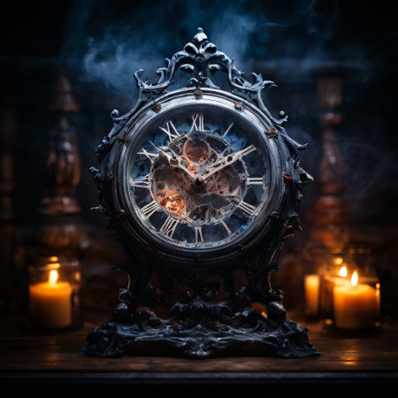 Ornate vintage clock with intricate details and candlelit ambianceの素材