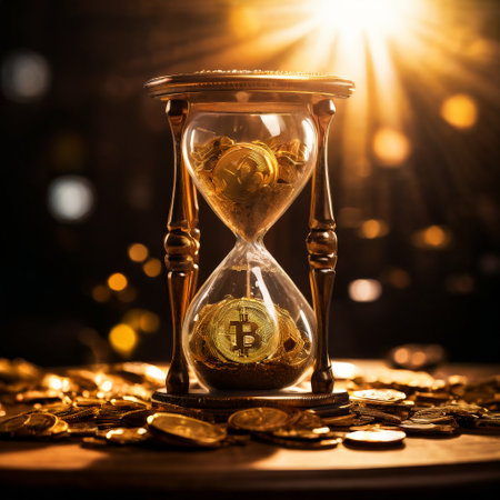 Hourglass with Bitcoin coins representing time and value in cryptoの素材