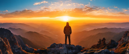 Majestic sunrise over mountain range with silhouetted hikerの素材