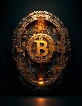 Bitcoin emblem embedded in futuristic mechanical structureの素材
