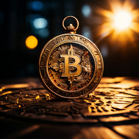 Gold Bitcoin emblem under spotlight with intricate detailsの素材