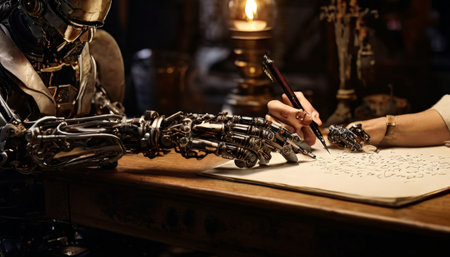 Advanced robot assisting with handwritten notes in a cozy settingの素材