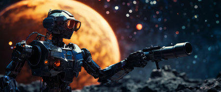 Armed robotic soldier on alien planet with a distant red moonの素材