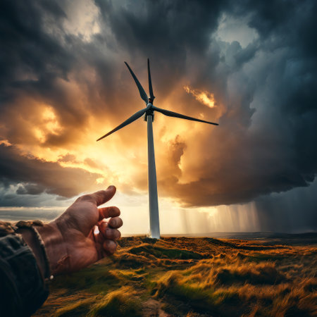 Wind turbine in stormy landscape with dramatic skyの素材