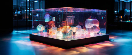 Illuminated jellyfish exhibit in a modern aquariumの素材