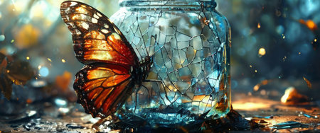 Butterfly on shattered jar in magical lightの素材