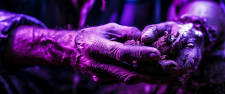 Hands covered in mud under purple lightingの素材