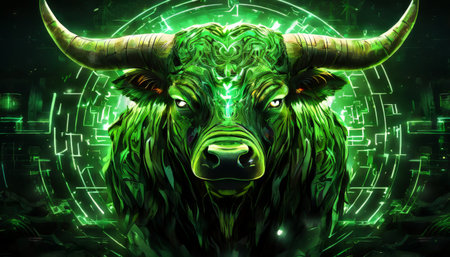 Green futuristic bull with intricate digital designsの素材
