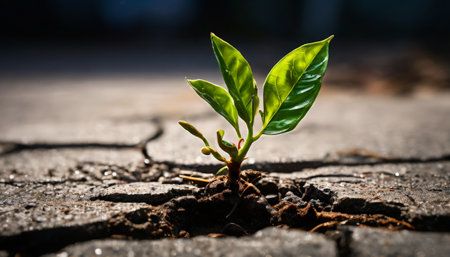 Young plant growing through cracked pavementの素材