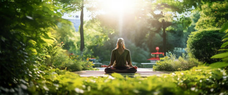 Woman meditating in tranquil garden at sunriseの素材