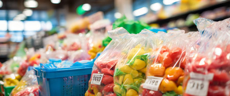 Fresh vegetables in plastic bags at grocery storeの素材