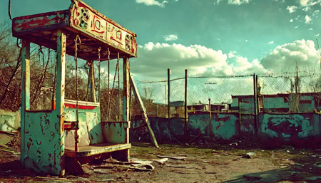 Abandoned amusement ride in desolate parkの素材