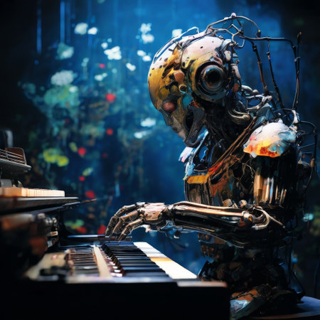 Robot playing piano in a dimly lit roomの素材