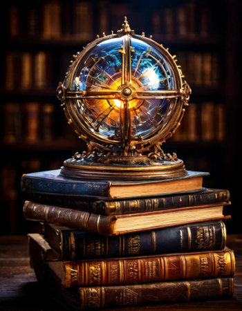 Antique orrery globe on vintage books in a dimly lit libraryの素材