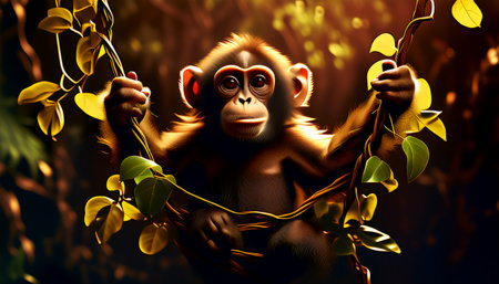 Young chimpanzee swinging in jungle foliageの素材