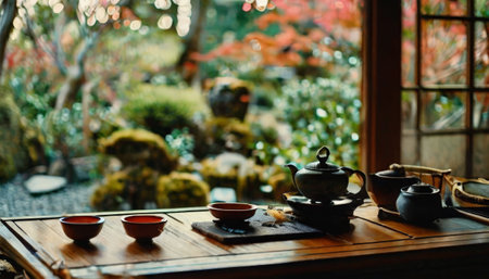 Traditional Japanese tea set on wooden table in gardenの素材