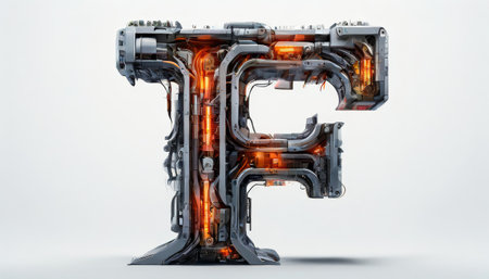 Industrial mechanical letter "F" with glowing orange elementsの素材