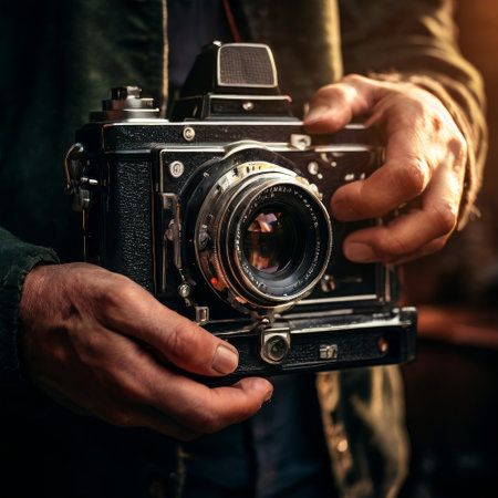 Close-up of hands holding a vintage camera in warm lightingの素材