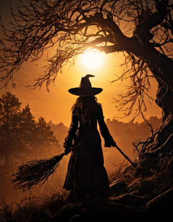 Silhouette of a witch in a mystical forest at sunsetの素材