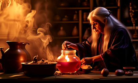 Elderly woman brewing a potion in a dimly lit roomの素材