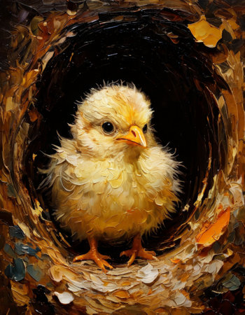 Fluffy baby chick in a textured nestの素材