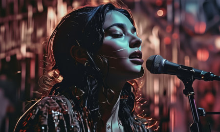 Female singer passionately performing on stage in dim lightingの素材