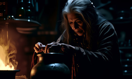 Elderly woman brewing potion over fire in dark cottageの素材