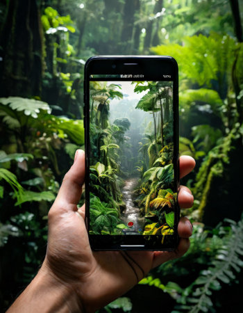 Smartphone capturing lush jungle landscapeの素材