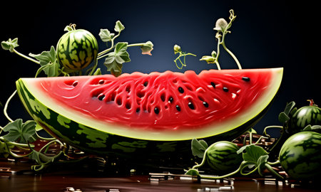 Artistic close-up of watermelon slice with vines and small melonsの素材