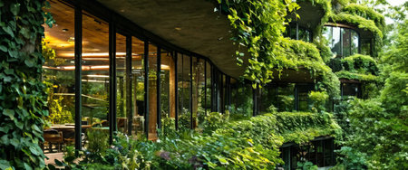 Modern eco-friendly building covered in lush greeneryの素材