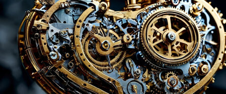 Intricate golden steampunk heart with mechanical gearsの素材