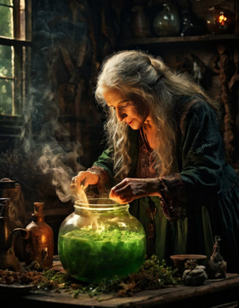 Elderly woman preparing a magical potion in rustic apothecaryの素材