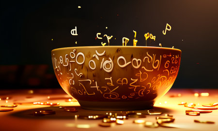 Mystical Floating Letters Above an Ancient Bowlの素材