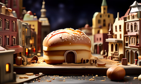 Giant burger as a building in a miniature cityの素材