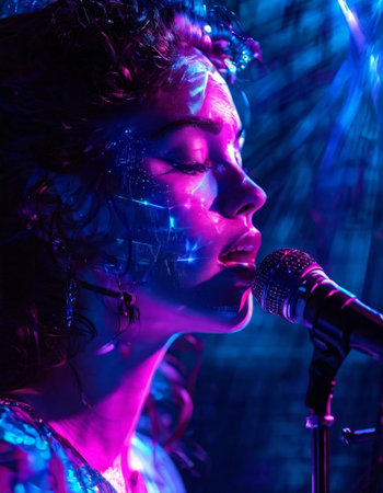 Woman singing passionately under blue and purple stage lightsの素材