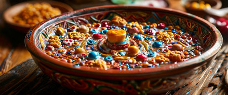 Colorful ornate bowl filled with intricate beads and patternsの素材